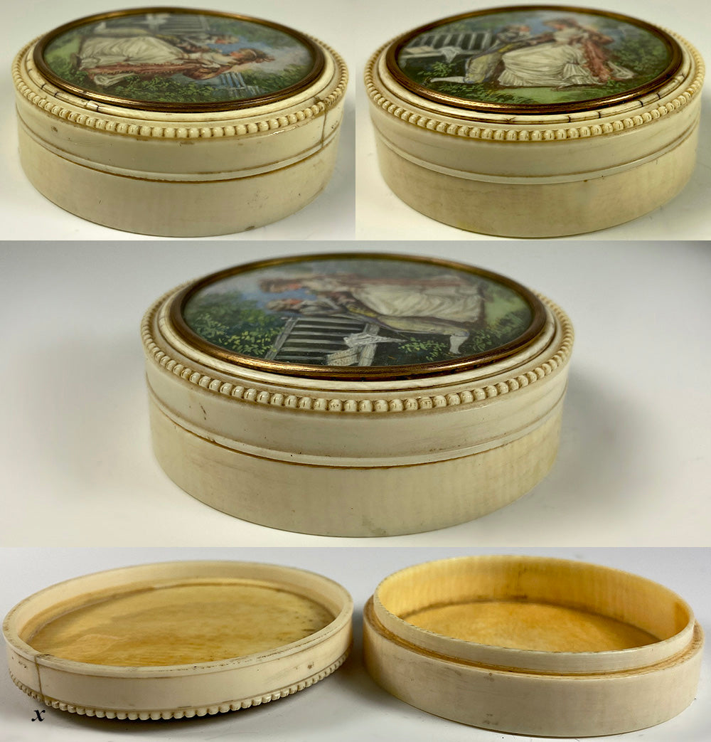 Antique French Snuff Box, Ivory, French Romanticism Era Couple, c.1750-1800