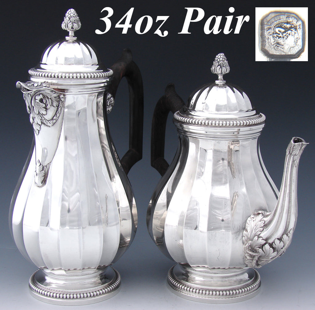 PAIR Antique French Sterling Silver Coffee & Tea Pot, Classical or Empire Style Acanthus