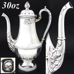 Elegant Antique French Sterling Silver 30oz Tea or Coffee Pot, Empire Style Acanthus & Laurel