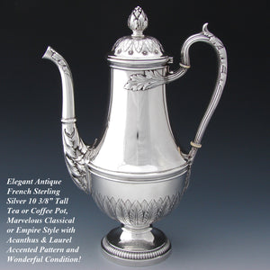 Elegant Antique French Sterling Silver 30oz Tea or Coffee Pot, Empire Style Acanthus & Laurel