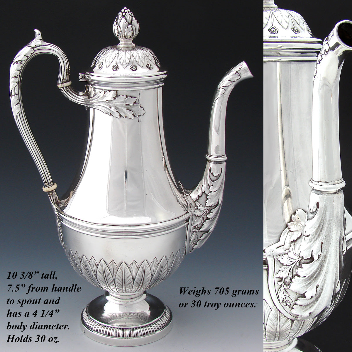 Elegant Antique French Sterling Silver 30oz Tea or Coffee Pot, Empire Style Acanthus & Laurel