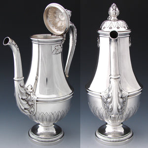 Elegant Antique French Sterling Silver 30oz Tea or Coffee Pot, Empire Style Acanthus & Laurel