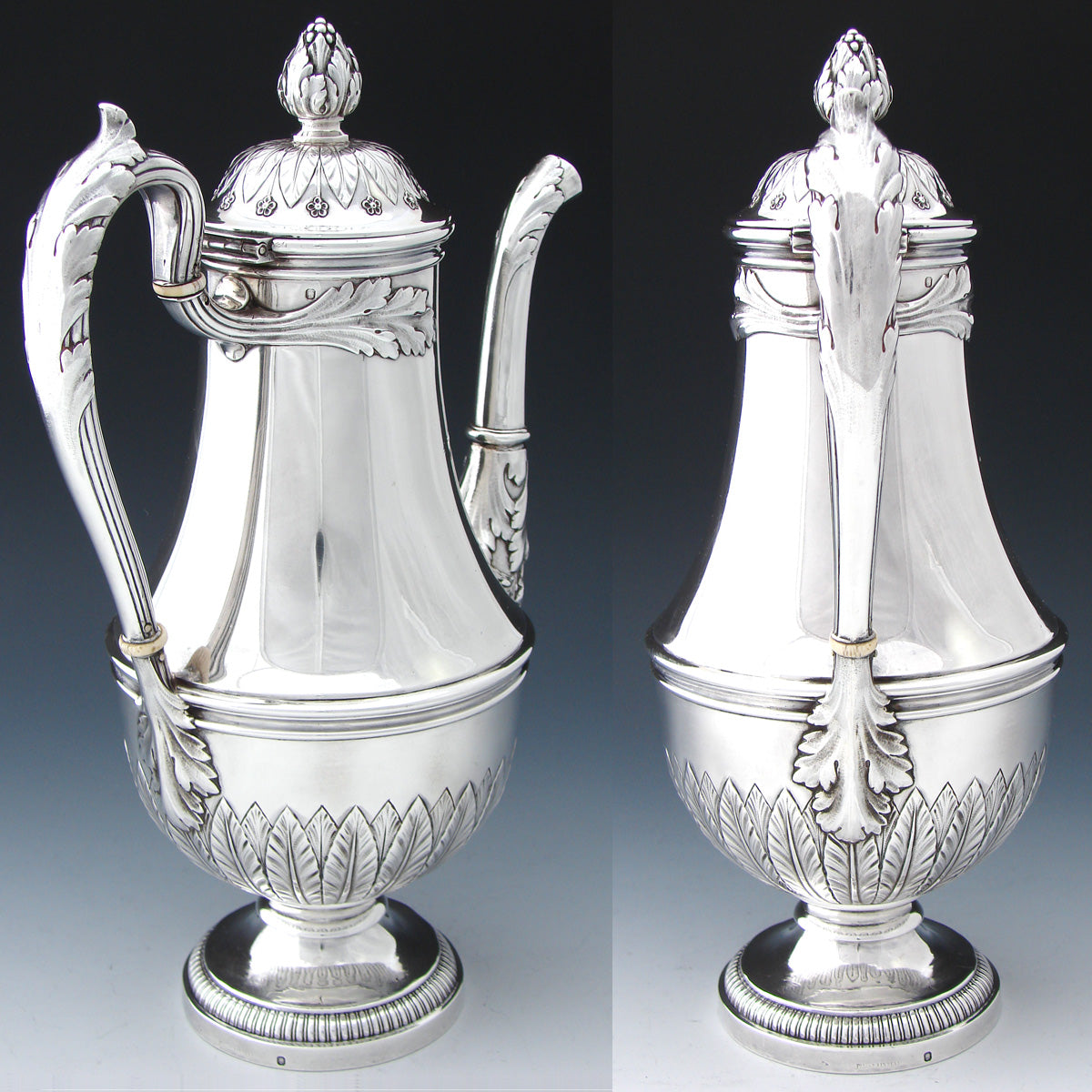 Elegant Antique French Sterling Silver 30oz Tea or Coffee Pot, Empire Style Acanthus & Laurel