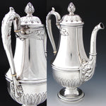 Elegant Antique French Sterling Silver 30oz Tea or Coffee Pot, Empire Style Acanthus & Laurel