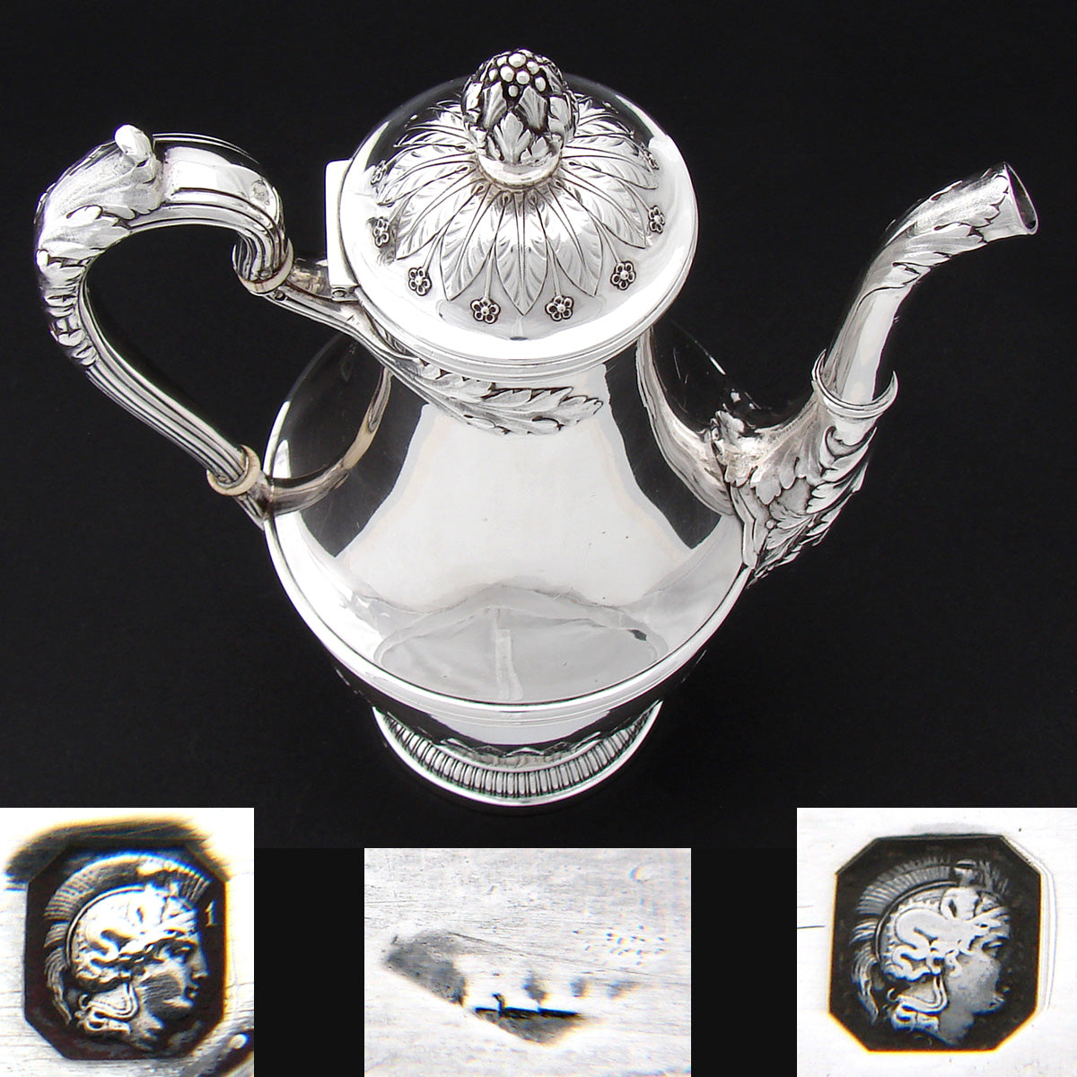 Elegant Antique French Sterling Silver 30oz Tea or Coffee Pot, Empire Style Acanthus & Laurel