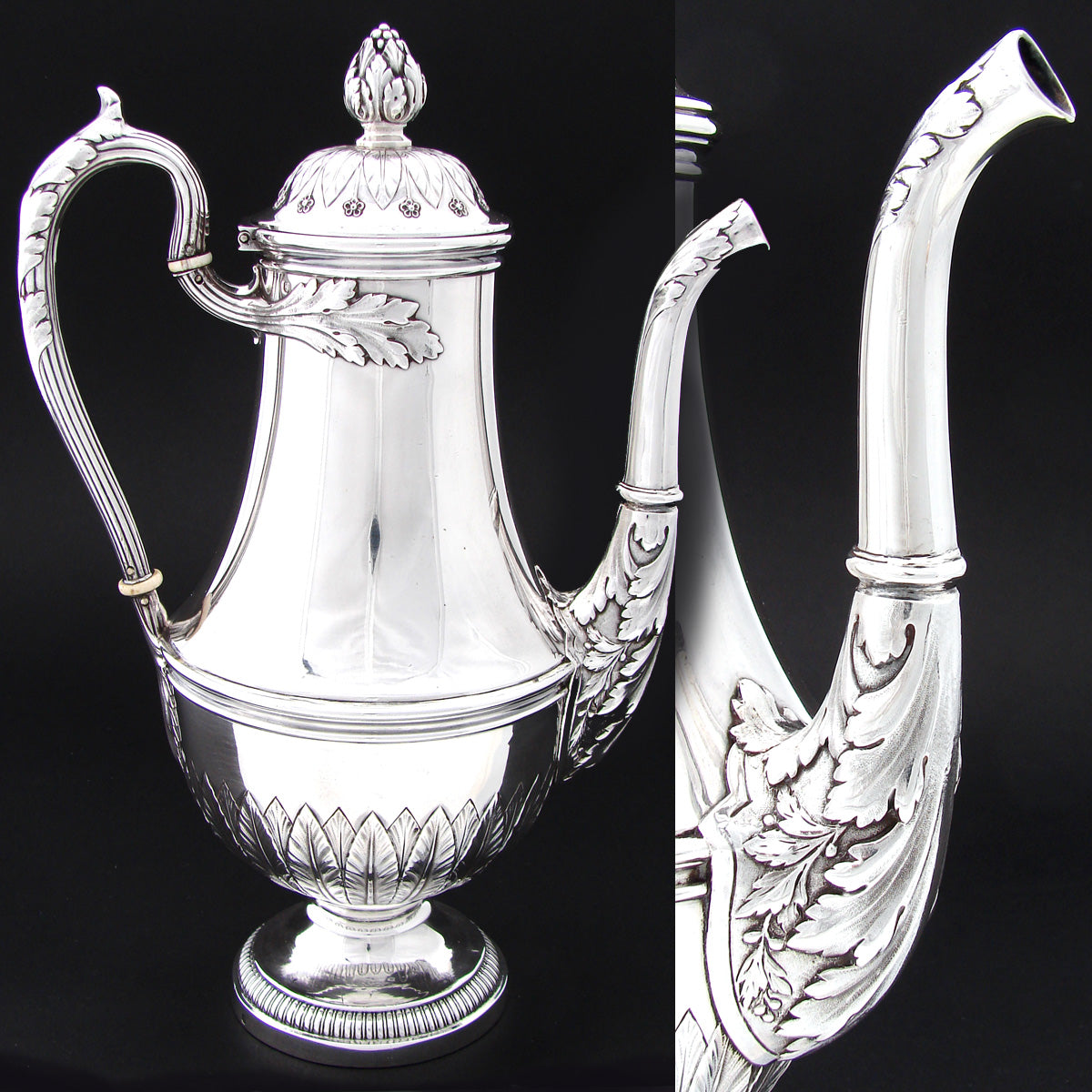 Elegant Antique French Sterling Silver 30oz Tea or Coffee Pot, Empire Style Acanthus & Laurel