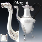 Antique French 1819-1838 Hallmarked Sterling Silver 24oz Tea or Coffee Pot, Horses, Figural Bust, Amphora Shape