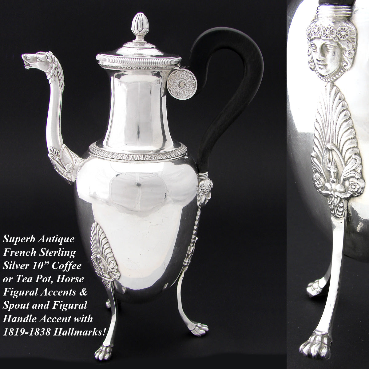 Antique French 1819-1838 Hallmarked Sterling Silver 24oz Tea or Coffee Pot, Horses, Figural Bust, Amphora Shape