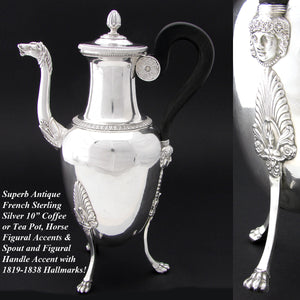 Antique French 1819-1838 Hallmarked Sterling Silver 24oz Tea or Coffee Pot, Horses, Figural Bust, Amphora Shape