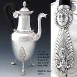 Antique French 1819-1838 Hallmarked Sterling Silver 24oz Tea or Coffee Pot, Horses, Figural Bust, Amphora Shape