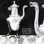 Antique French 1819-1838 Hallmarked Sterling Silver 24oz Tea or Coffee Pot, Horses, Figural Bust, Amphora Shape