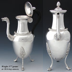 Antique French 1819-1838 Hallmarked Sterling Silver 24oz Tea or Coffee Pot, Horses, Figural Bust, Amphora Shape