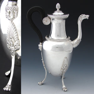 Antique French 1819-1838 Hallmarked Sterling Silver 24oz Tea or Coffee Pot, Horses, Figural Bust, Amphora Shape