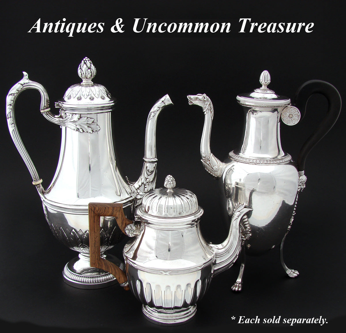 Antique French 1819-1838 Hallmarked Sterling Silver 24oz Tea or Coffee Pot, Horses, Figural Bust, Amphora Shape