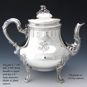 Elegant Antique French Sterling Silver 4pc Coffee & Tea Set, Louis XVI Acanthus & Foliate Accents, Floral Finials