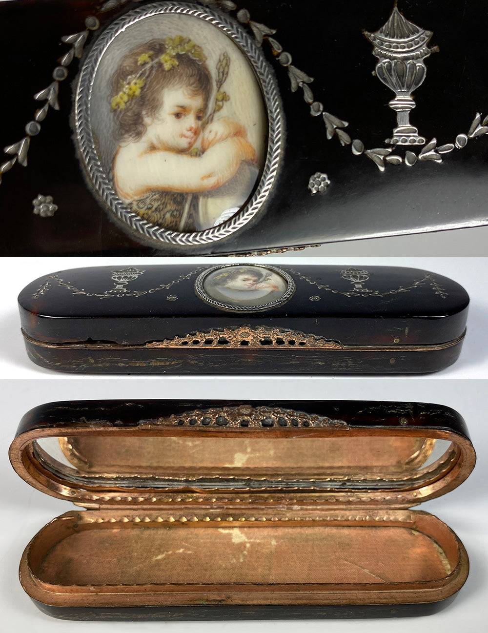 RARE c.1790-1810 French Pique Toothpick Etui, Tortoise Shell Patch Box, Portrait Miniature of a Faun