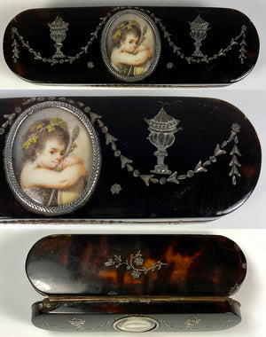 RARE c.1790-1810 French Pique Toothpick Etui, Tortoise Shell Patch Box, Portrait Miniature of a Faun
