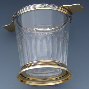 Antique French 18k Gold on Sterling Silver "Vermeil" & Cut Glass Vase, Cache Pot, Laurel Garland