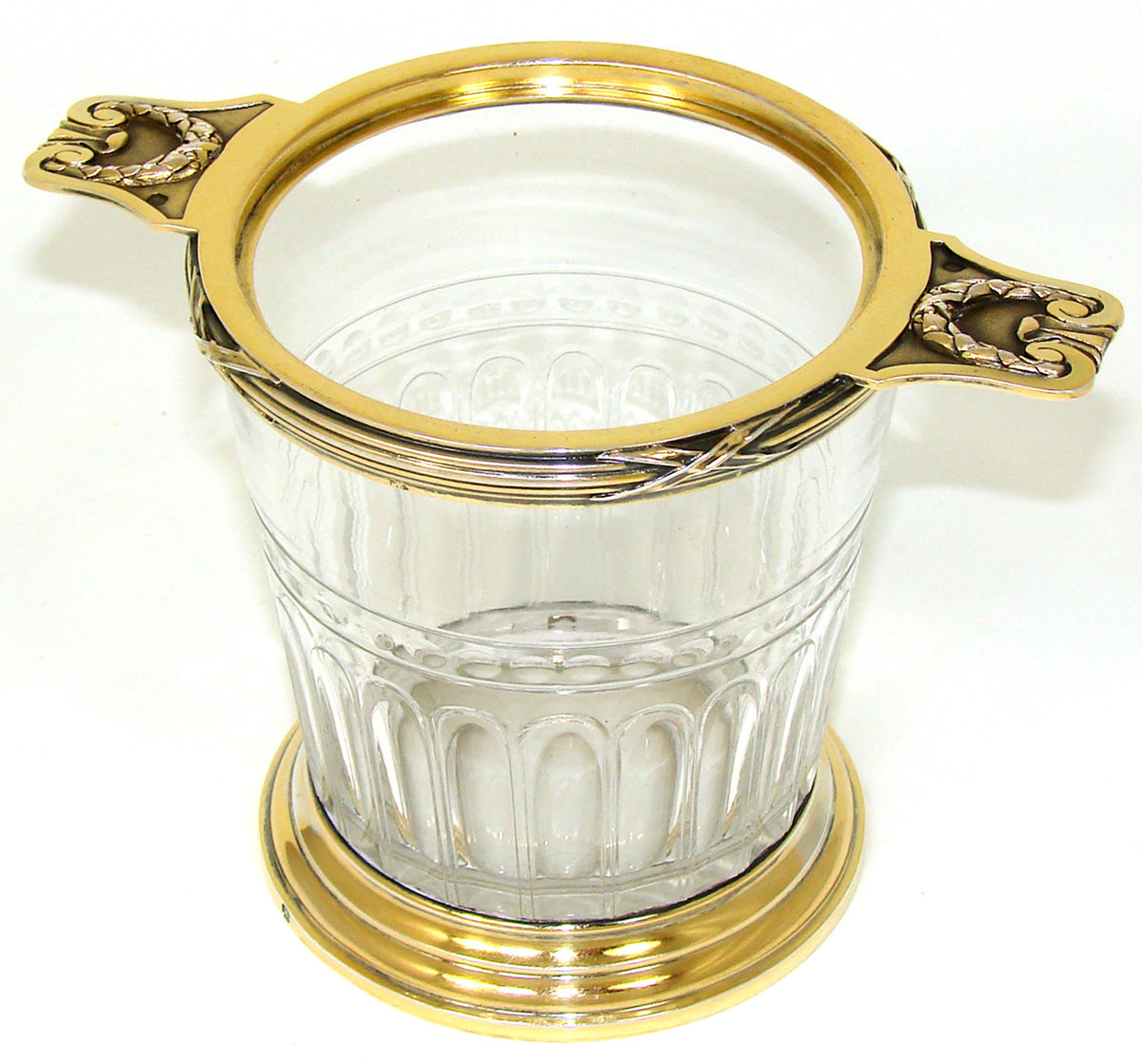 Antique French 18k Gold on Sterling Silver "Vermeil" & Cut Glass Vase, Cache Pot, Laurel Garland