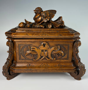 Antique 19th c. Hand Carved Swiss Black Forest Jewelry Box, Casket w Fine Animalier Bird