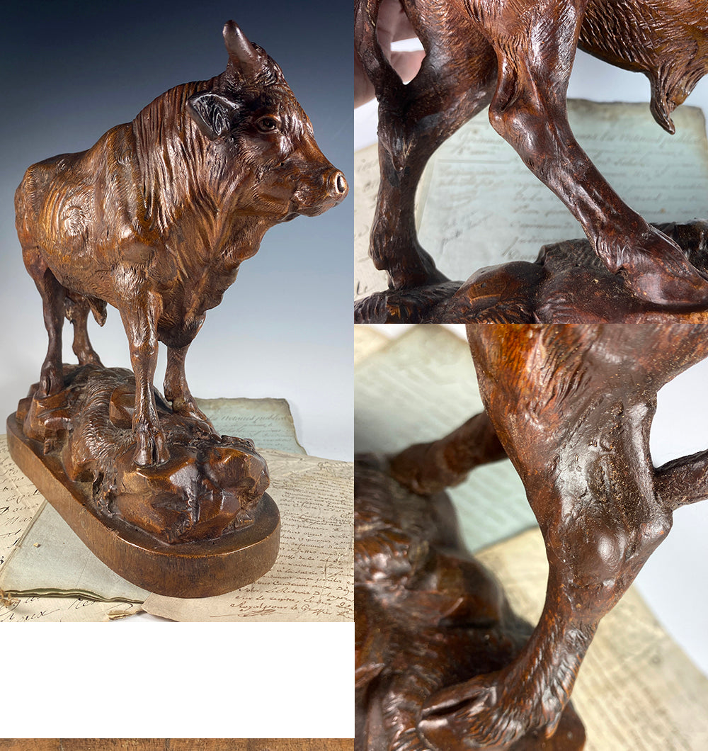 RARE Huge 12.5" Antique HC Swiss Black Forest Cow, Bull, 19th Century Grand Tour Animalier Sculpture