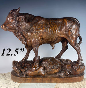 RARE Huge 12.5" Antique HC Swiss Black Forest Cow, Bull, 19th Century Grand Tour Animalier Sculpture