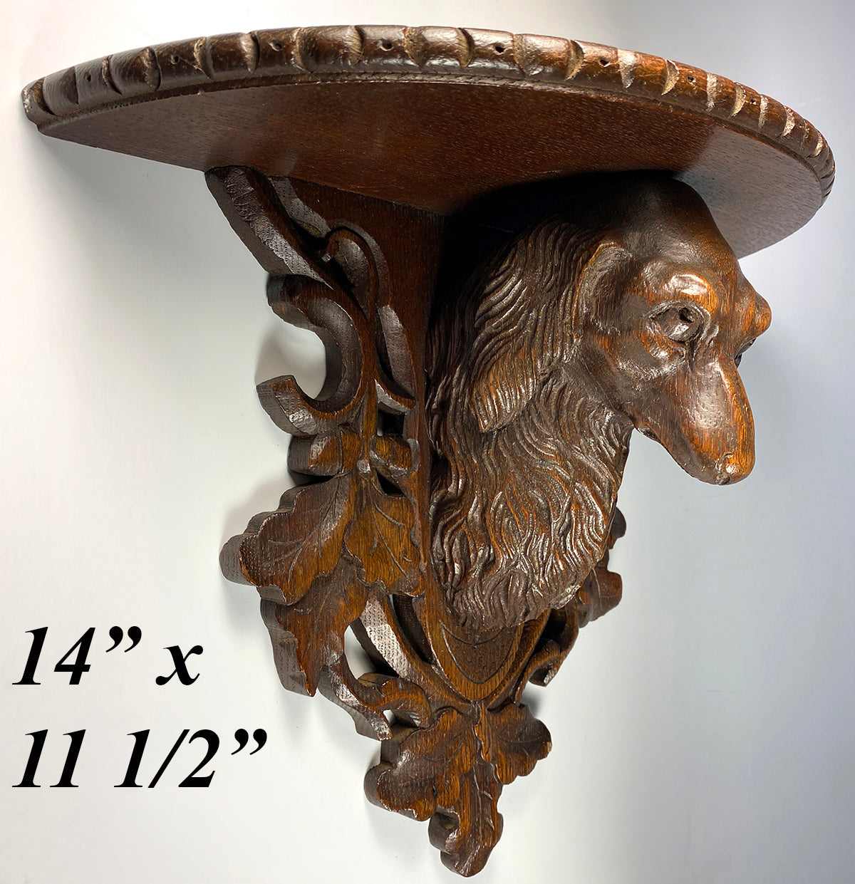 Large Antique Swiss Carved Black Forest Bracket or Clock Shelf with Dog, Dachshund Hound