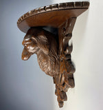 Large Antique Swiss Carved Black Forest Bracket or Clock Shelf with Dog, Dachshund Hound