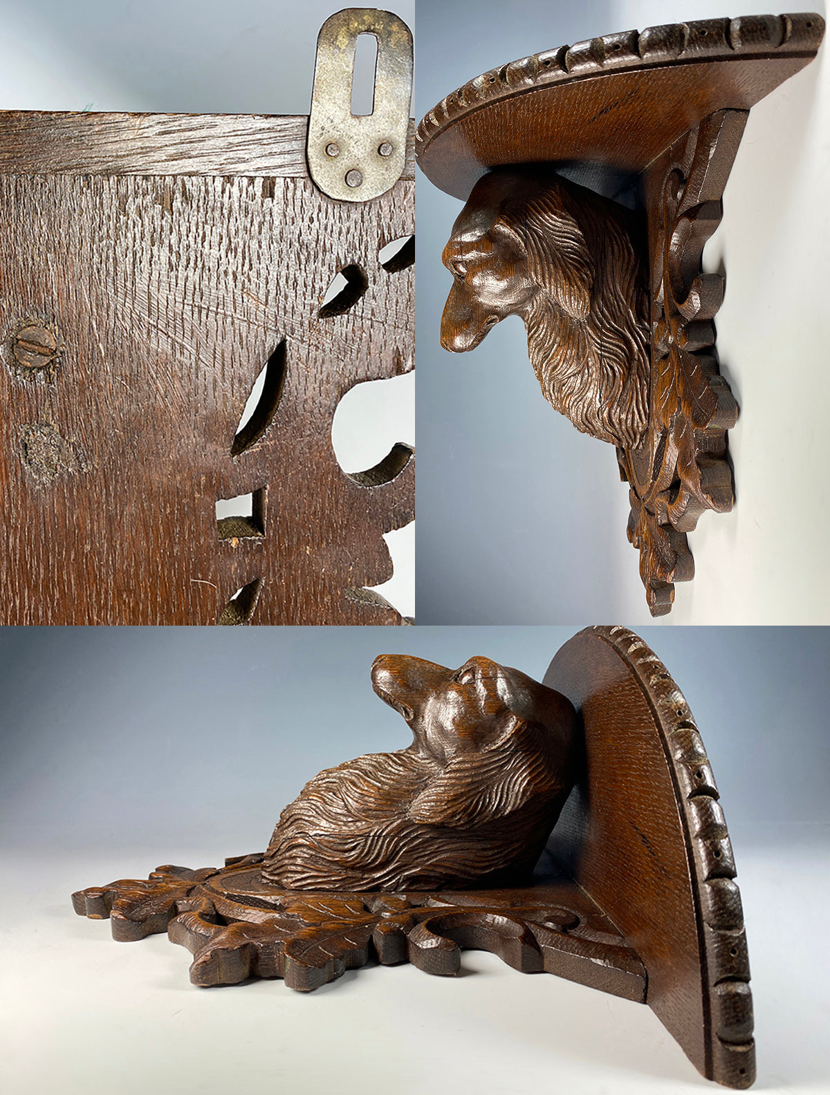 Large Antique Swiss Carved Black Forest Bracket or Clock Shelf with Dog, Dachshund Hound