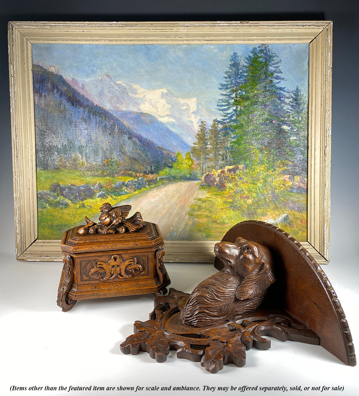 Large Antique Swiss Carved Black Forest Bracket or Clock Shelf with Dog, Dachshund Hound