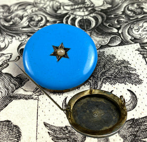 Antique French Kiln-fired Enamel Mourning Brooch, Seed Pearl and Star, Sterling Silver Vermeil