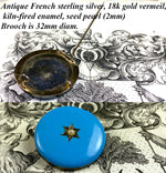 Antique French Kiln-fired Enamel Mourning Brooch, Seed Pearl and Star, Sterling Silver Vermeil