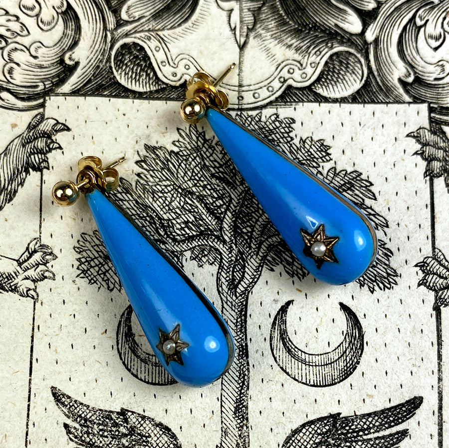 Antique French Kiln-fired Enamel and Seed Pearl Drop Earrings, Napoleon III Mourning Jewelry - Victorian Era