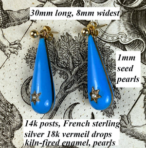 Antique French Kiln-fired Enamel and Seed Pearl Drop Earrings, Napoleon III Mourning Jewelry - Victorian Era