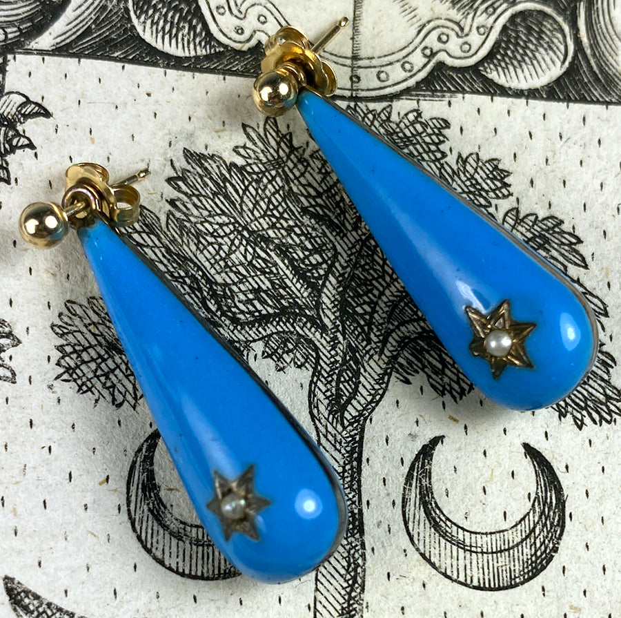 Antique French Kiln-fired Enamel and Seed Pearl Drop Earrings, Napoleon III Mourning Jewelry - Victorian Era
