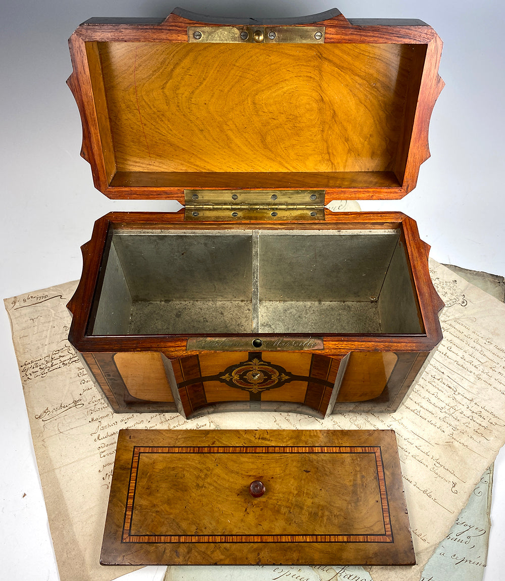 Superb Antique French Napoleon III Double Well Tea Caddy, Marquetry and Boulle, Maker Mark