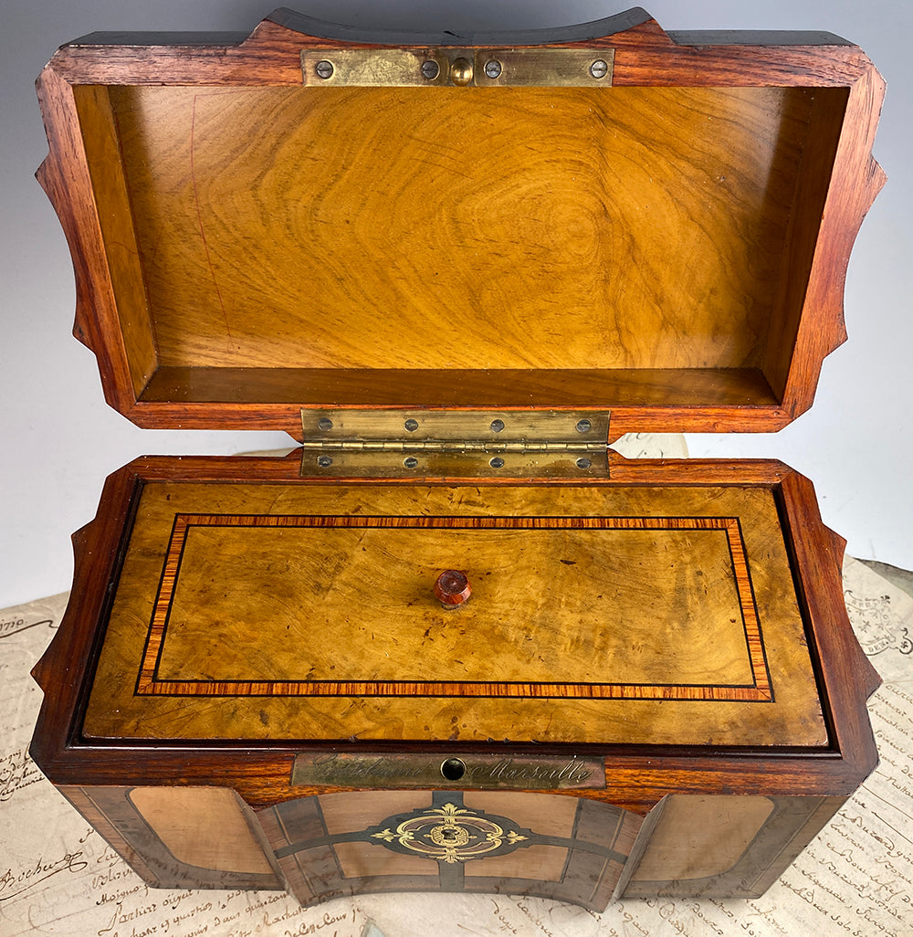 Superb Antique French Napoleon III Double Well Tea Caddy, Marquetry and Boulle, Maker Mark