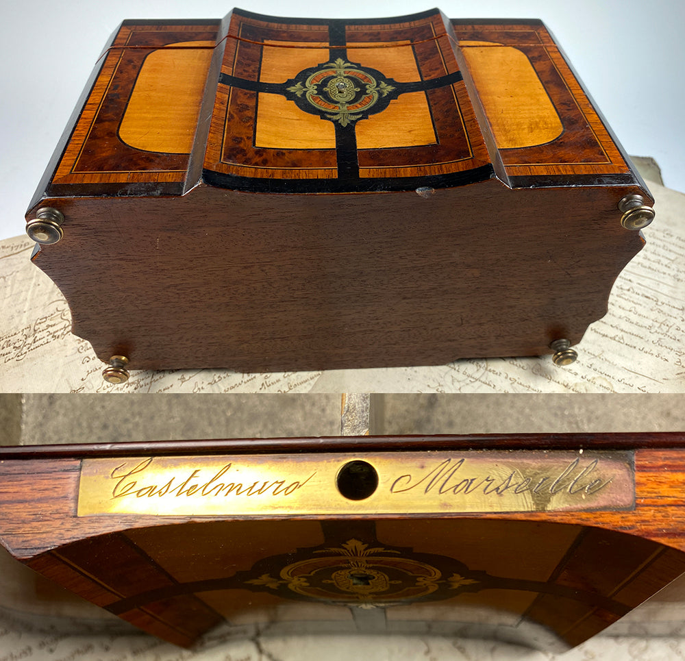 Superb Antique French Napoleon III Double Well Tea Caddy, Marquetry and Boulle, Maker Mark