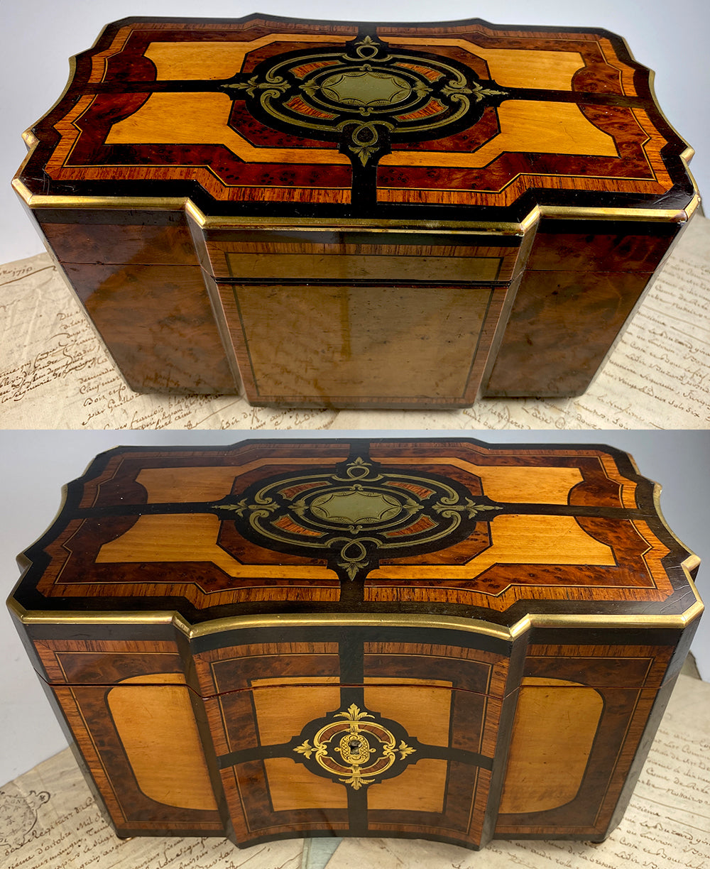 Superb Antique French Napoleon III Double Well Tea Caddy, Marquetry and Boulle, Maker Mark