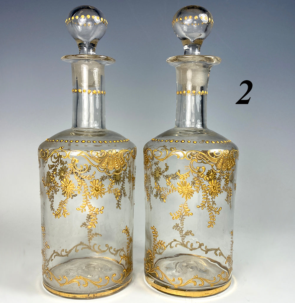 Pair of French Carafe, Carafon with Raised Gold Enamel, Napoleon III Era Decanters (2)