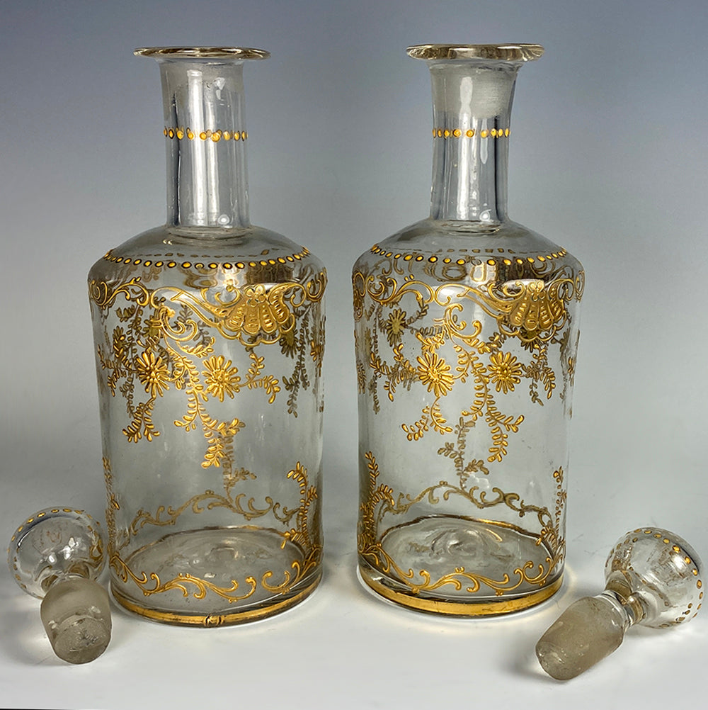 Pair of French Carafe, Carafon with Raised Gold Enamel, Napoleon III Era Decanters (2)