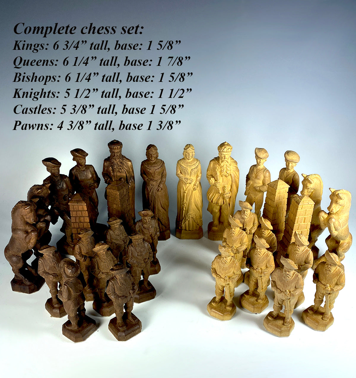 Gorgeous Large Full 32pc Chess Set, Hand Carved Wood, Black Forest Figures, Kings 6 3/4" Tall