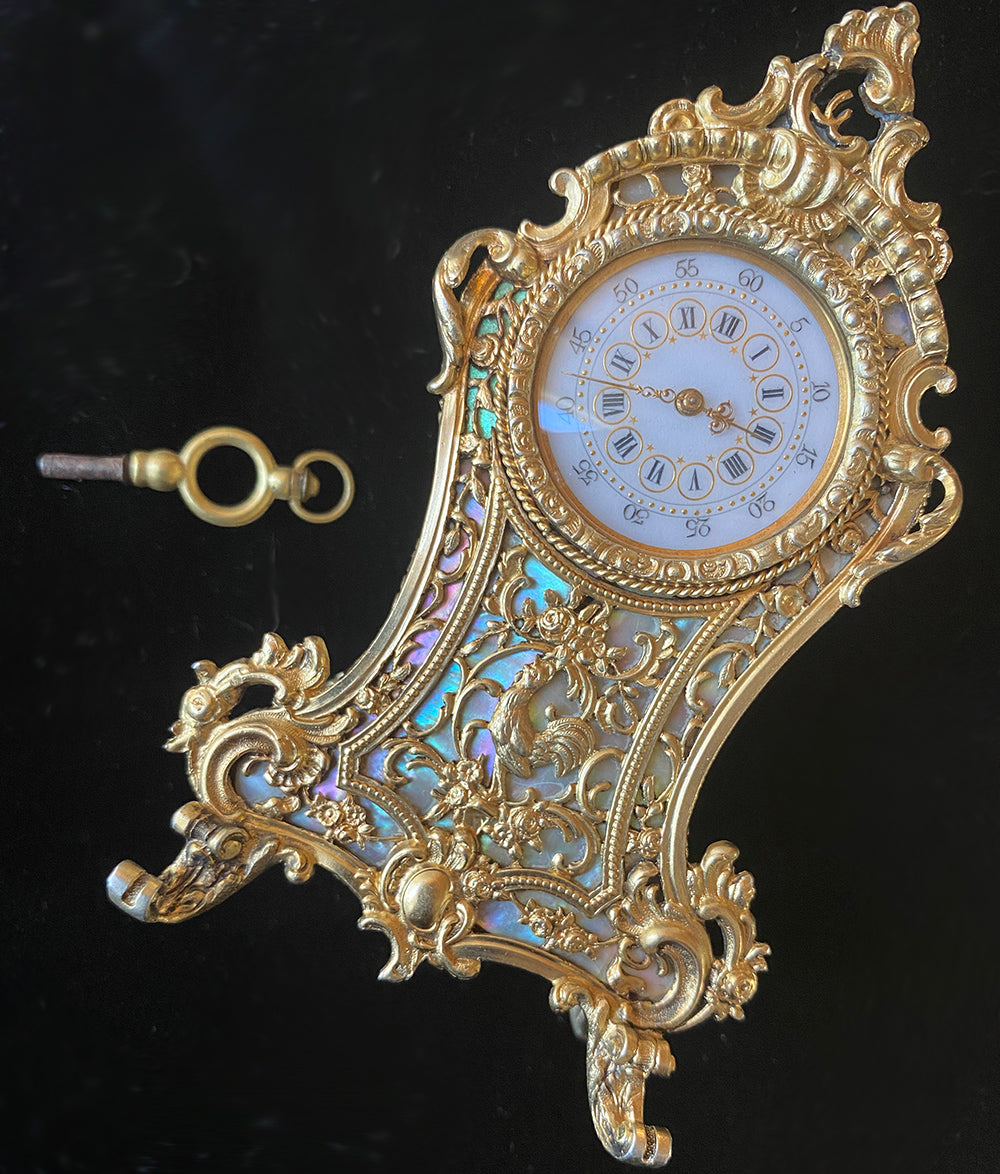 Antique Miniature Clock, .800 Silver and 18k Gold Vermeil, Mother of Pearl, Working w Key