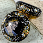 Antique French Limoges Enamel Snuff or Patch Box, Portrait Miniature of Medieval King