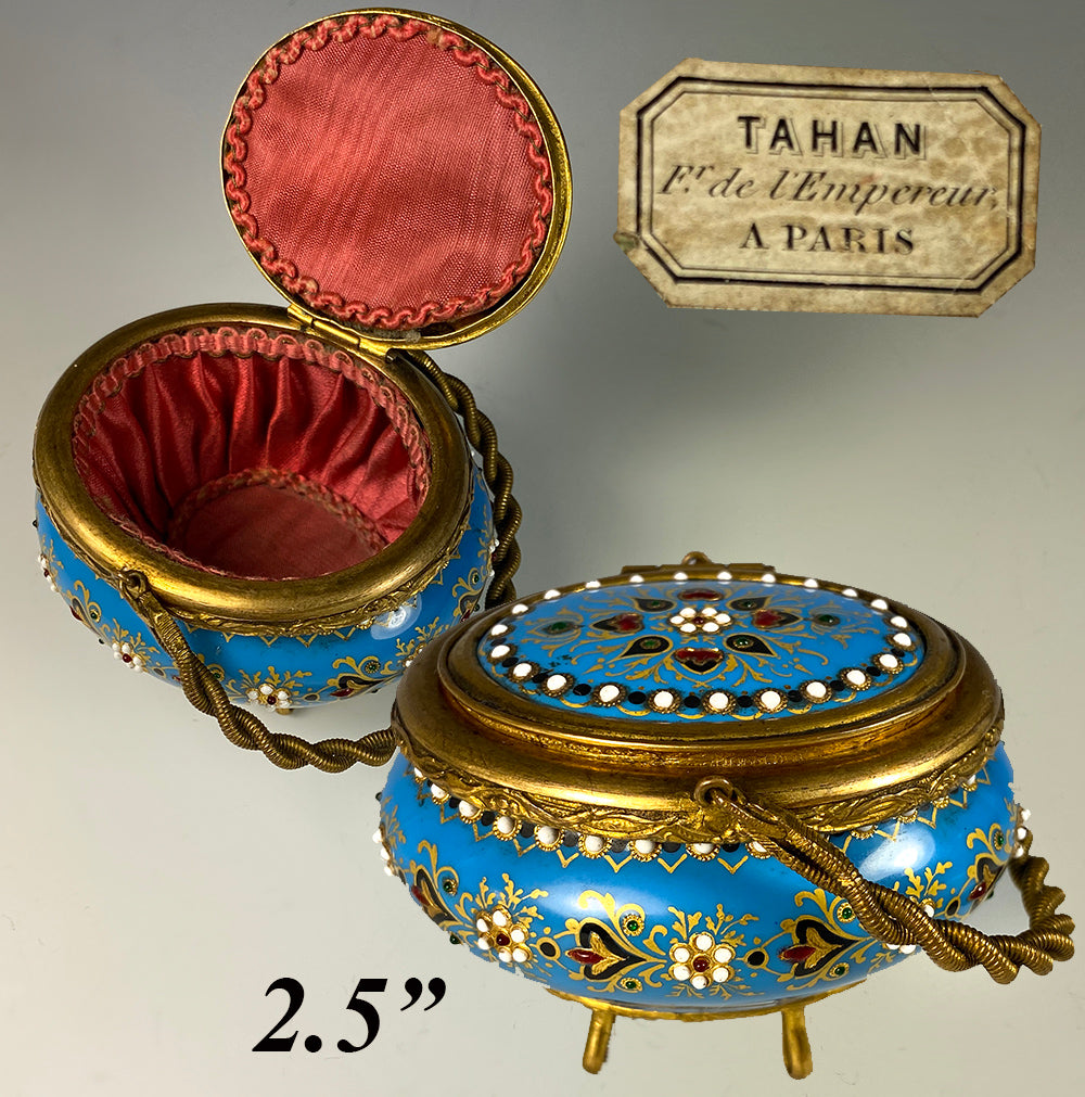 Antique French Kiln-fired Enamel TAHAN Trinket or Jewelry Box, Casket, Basket w Handle