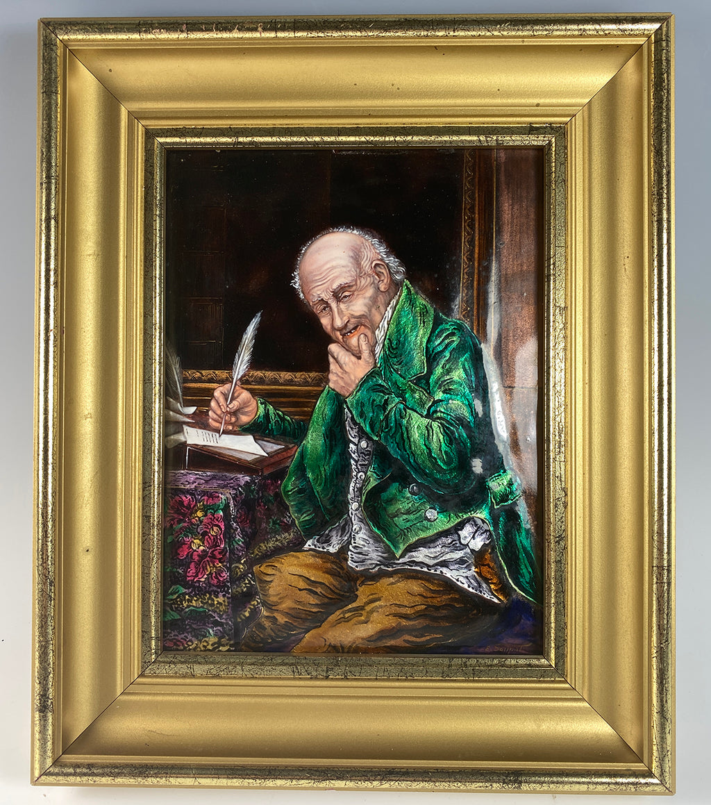 Fine Antique French Limoges Kiln-fired Enamel Portrait of a Scribe, Accountant, or Businessman at Desk, in Frame