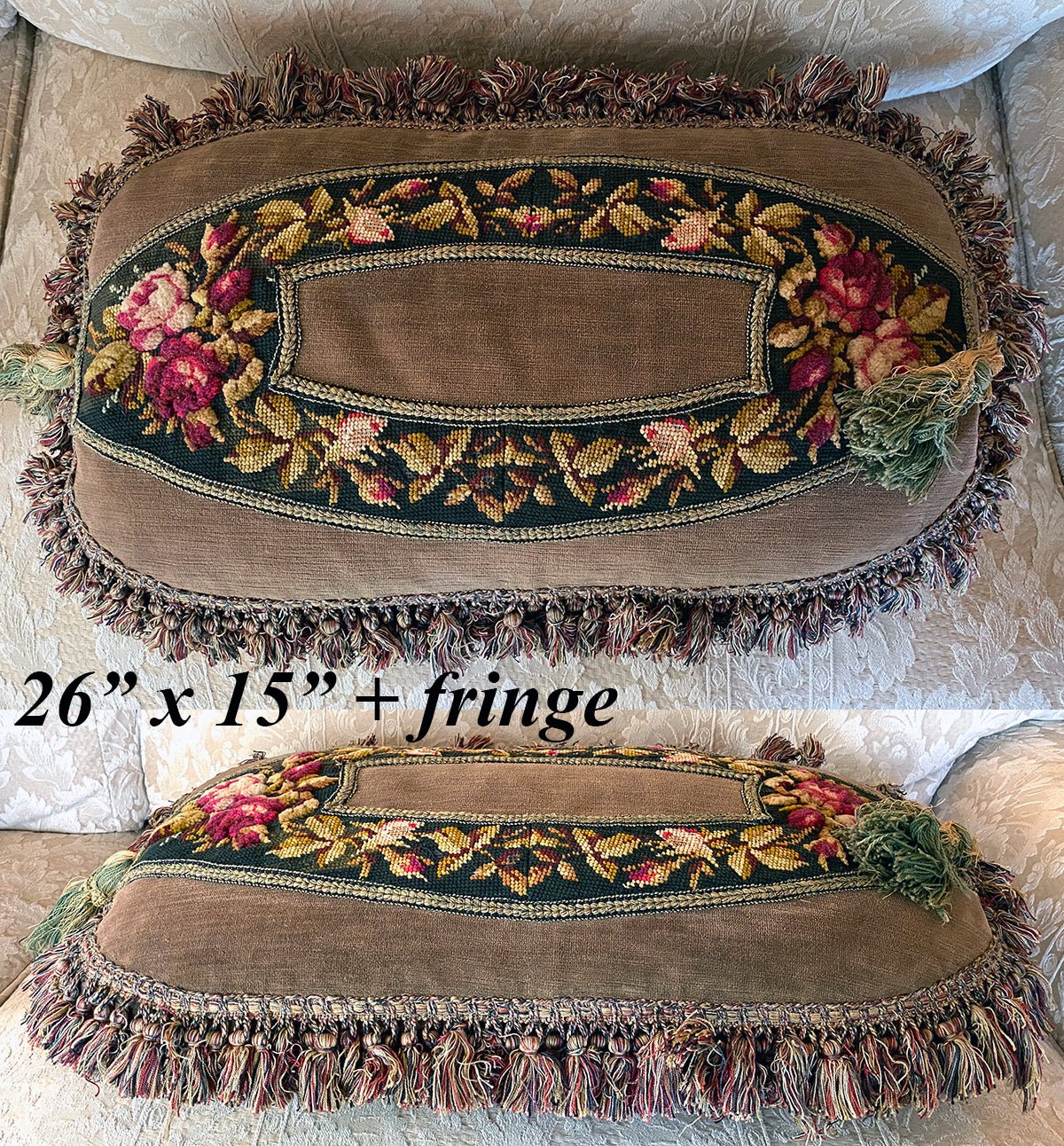 Antique Victorian Era Needlepoint Slipper Panels Made into Lush Large Throw Pillow 26: x