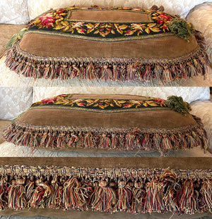 Antique Victorian Era Needlepoint Slipper Panels Made into Lush Large Throw Pillow 26: x