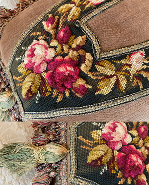 Antique Victorian Era Needlepoint Slipper Panels Made into Lush Large Throw Pillow 26: x