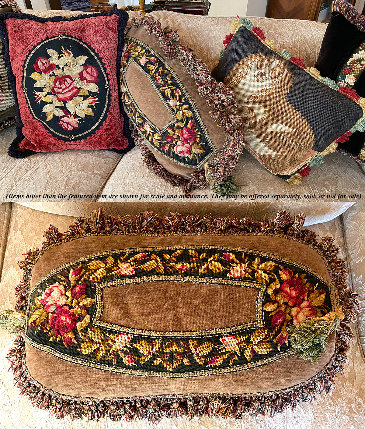 Antique Victorian Era Needlepoint Slipper Panels Made into Lush Large Throw Pillow 26: x